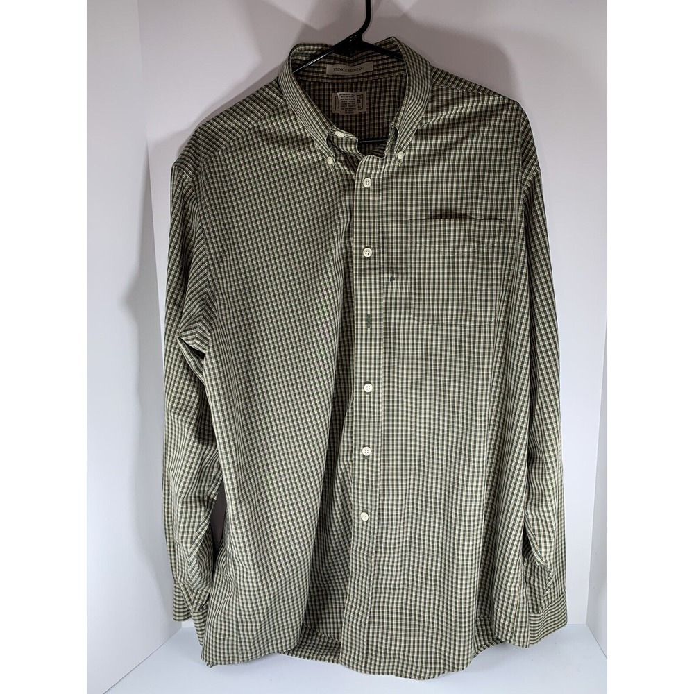 LL BEAN Button Up Shirt WRINKLE RESISTANT Cotton GREEN Plaid‎ Mens L See Descrip